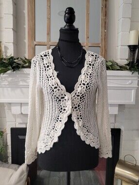 Handknit white/off white crochet cardigan with two button closure XS/SMALL